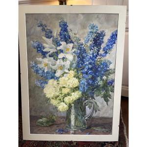 Grande Aquarelle De Fleurs Par Elise Voisin Fin 19 E