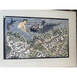 Aquarelle par Ida Bagus Wija Bali 1912-1988 l eau et la terre