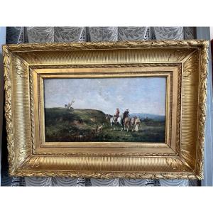 Victor Huguet 1883 cavaliers et chiens huile sur panneau orientaliste
