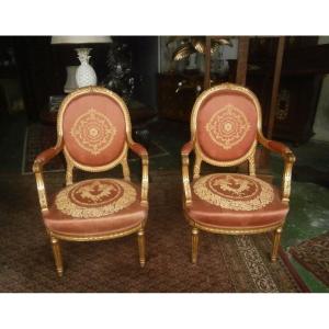 Pair Of Armchairs In Golden Wood.