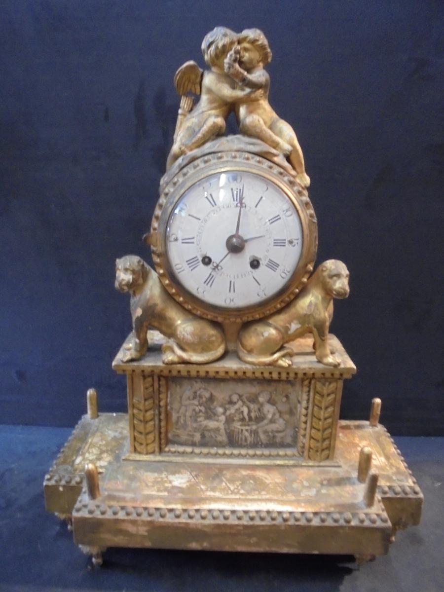 Pendule Italienne Empire En Bois Sculpté Dorée époque XIXème Siècle