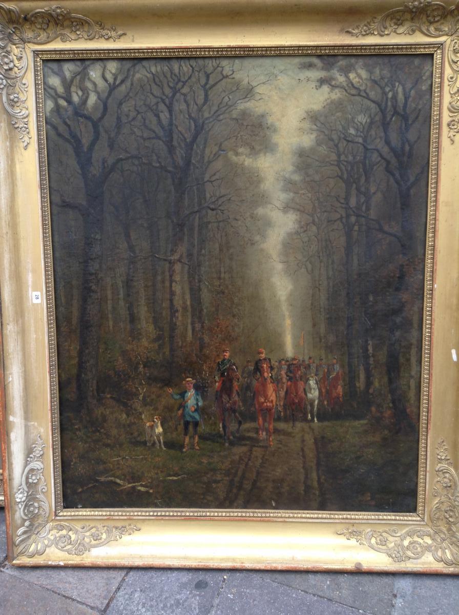 Oil On Canvas Of French Representative Cavaliers In Wood In The War Of 1870-photo-1