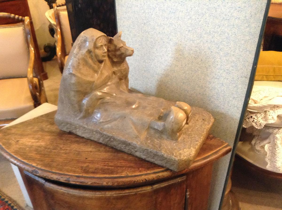 Marble "miserable And His Dog" By Hertig