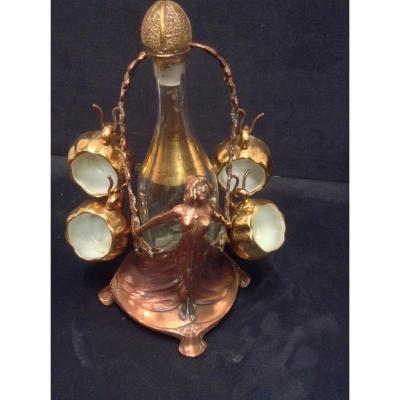 Sculpture Art Nouveau Porte-carafe En Métal Cuivré Avec 4 Tasses