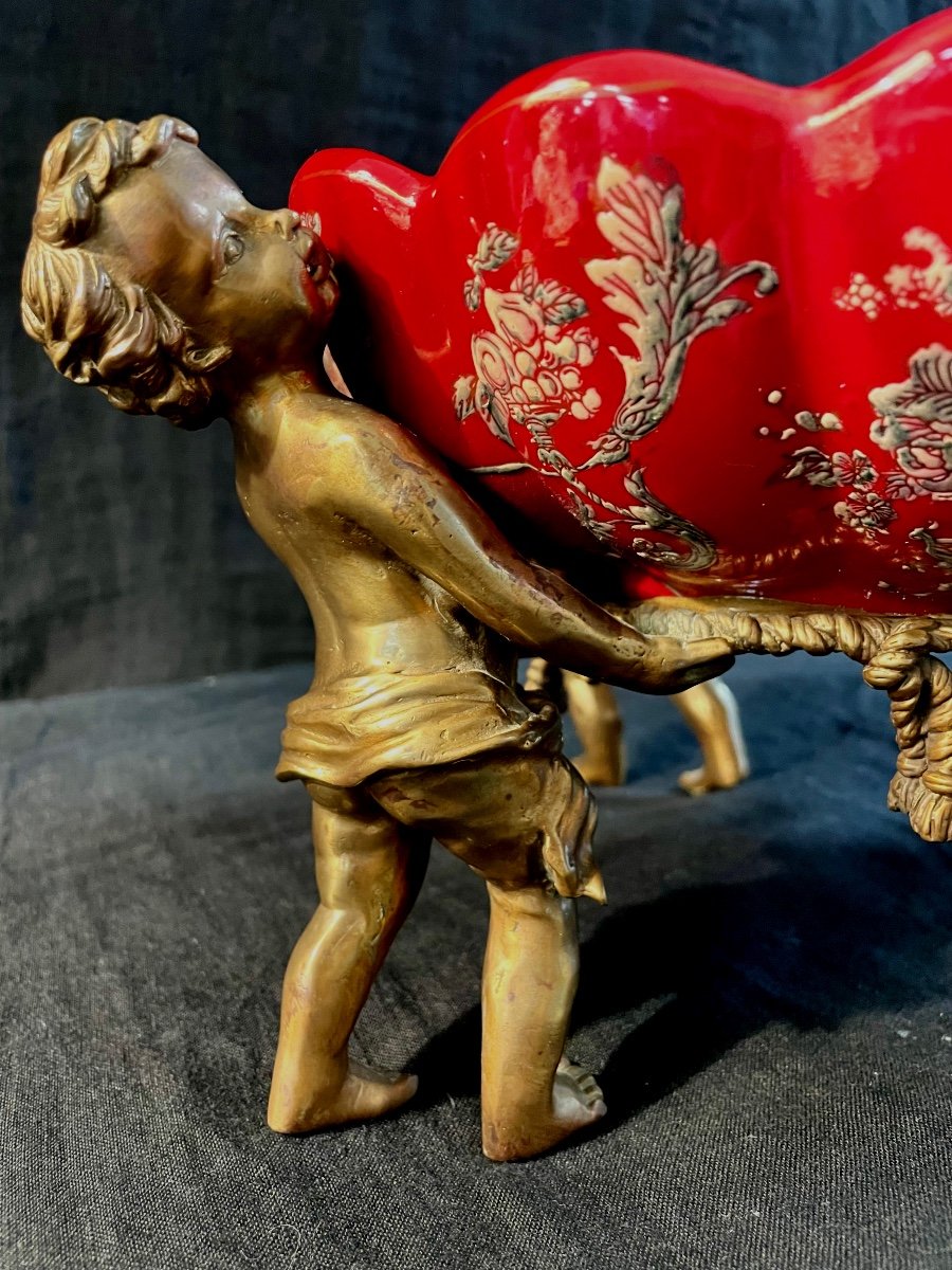 Coupe Bronze Et Porcelaine émaillé Rouge-photo-4