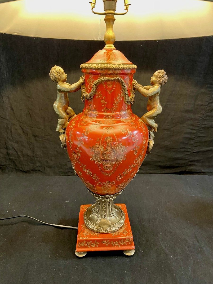 Orange Mordoré Porcelain And Bronze Putti Lamp-photo-2