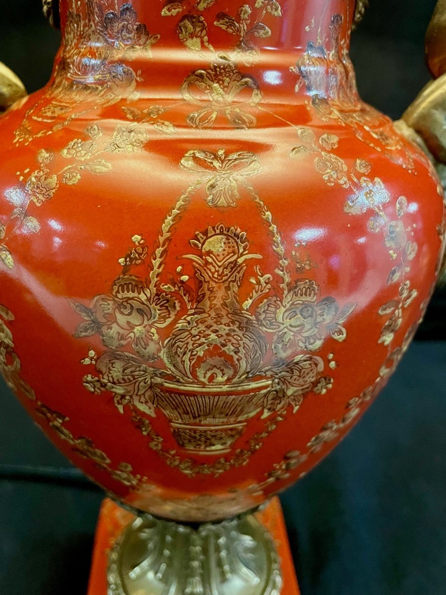 Orange Mordoré Porcelain And Bronze Putti Lamp-photo-4