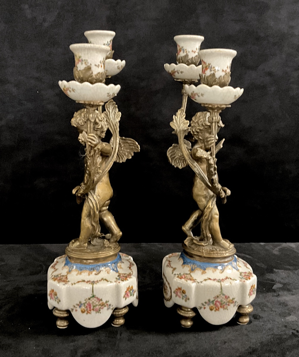 Paire de Bougeoirs Angelots Porcelaine et Bronze-photo-1