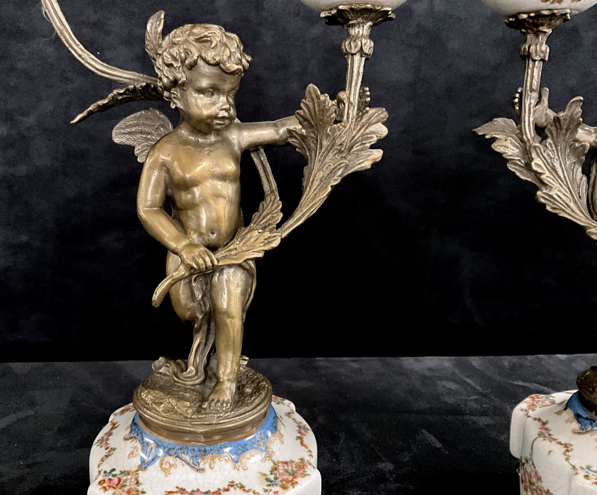 Paire de Bougeoirs Angelots Porcelaine et Bronze-photo-5