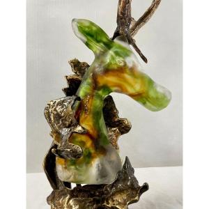 Grande Sculpture Signé Lohé Bronze Et Pâte De Verre 67 cm de hauteur