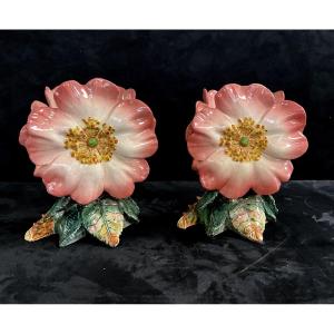 Paire de Vases fleurs d’Eglantines Massier