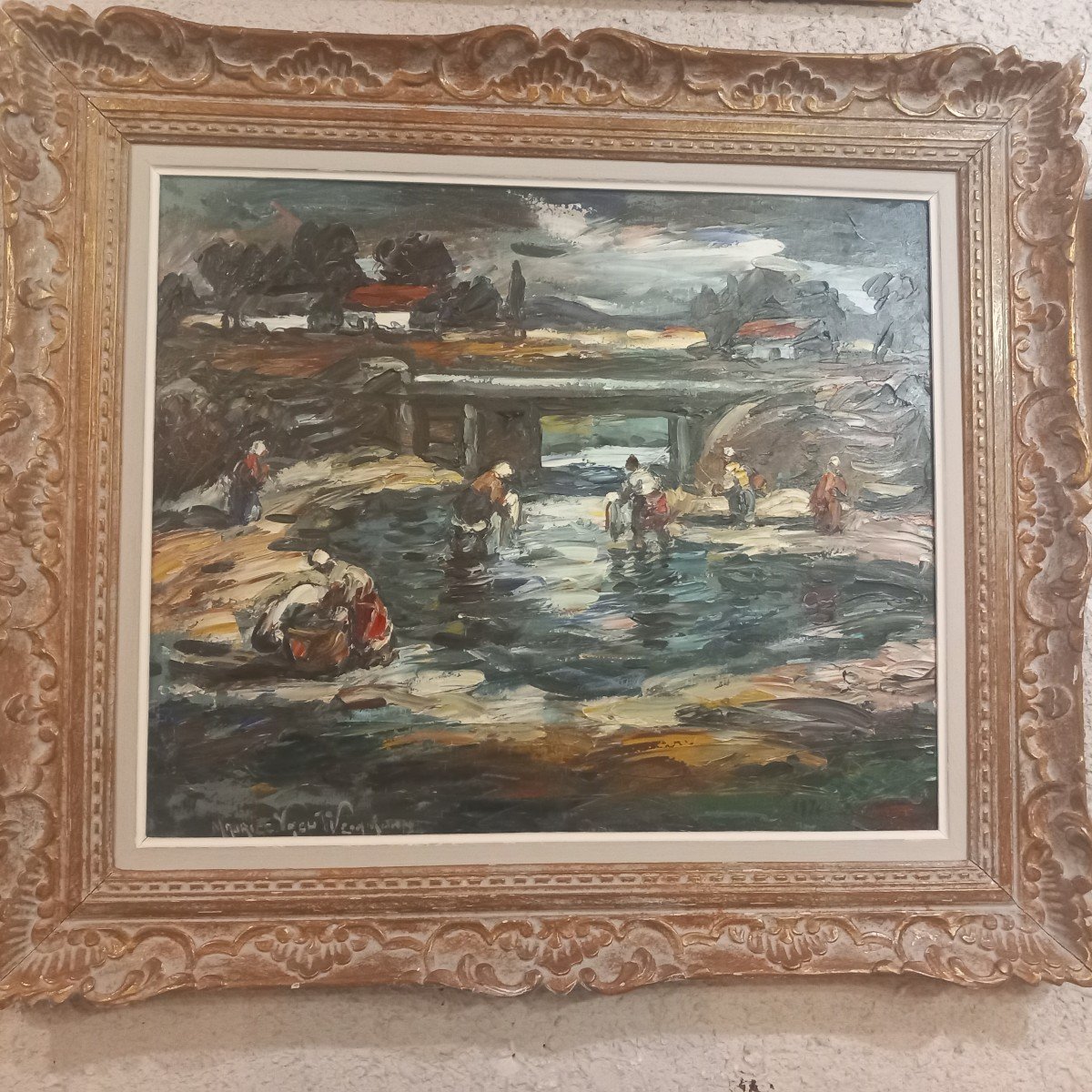 Huile sur toile "les lavandières aux Eaux Chaudes", Digne. Maurice Vagh Weinmann,1971.