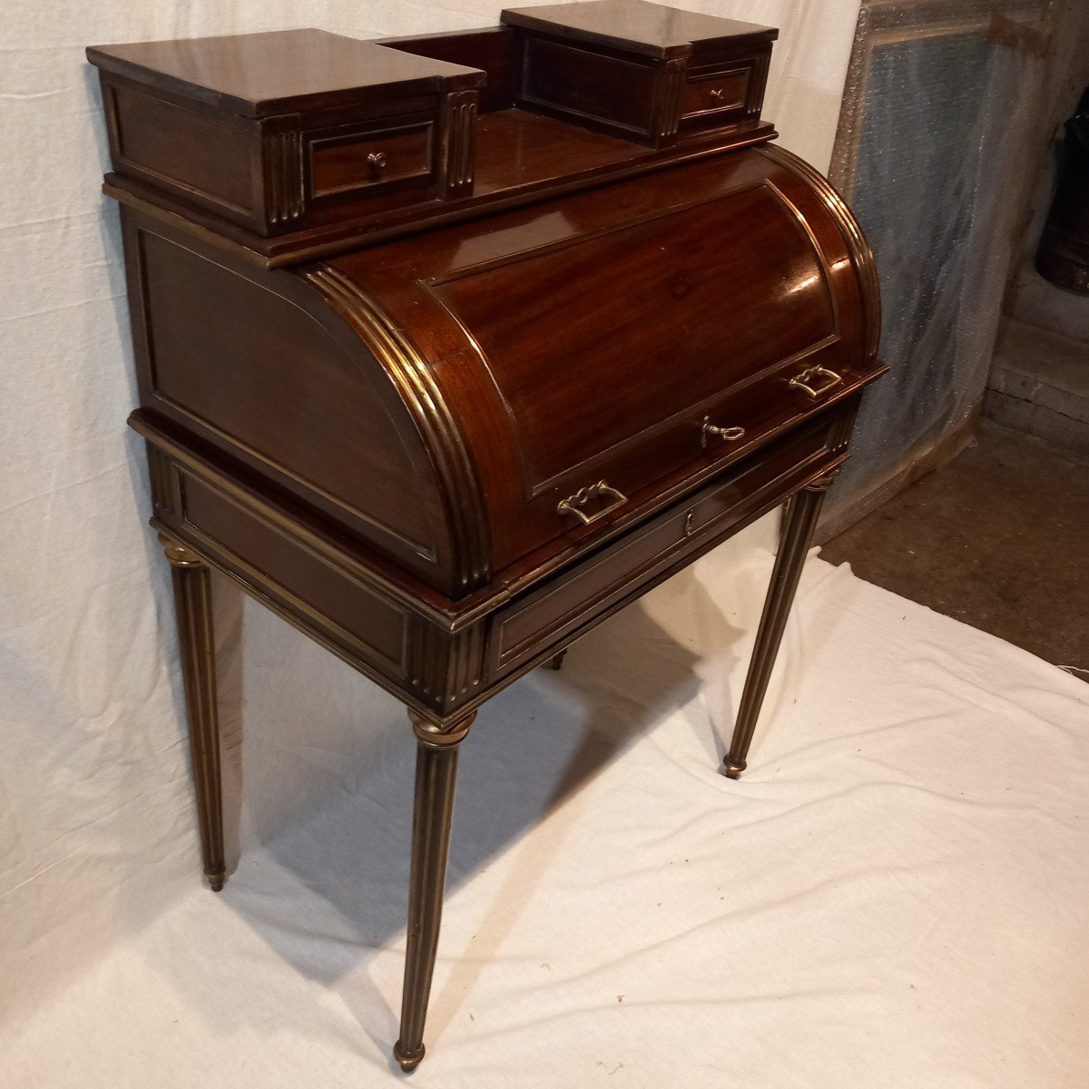 Small Louis XVI Cylinder Desk, Mahogany, Napoleon III Period-photo-2