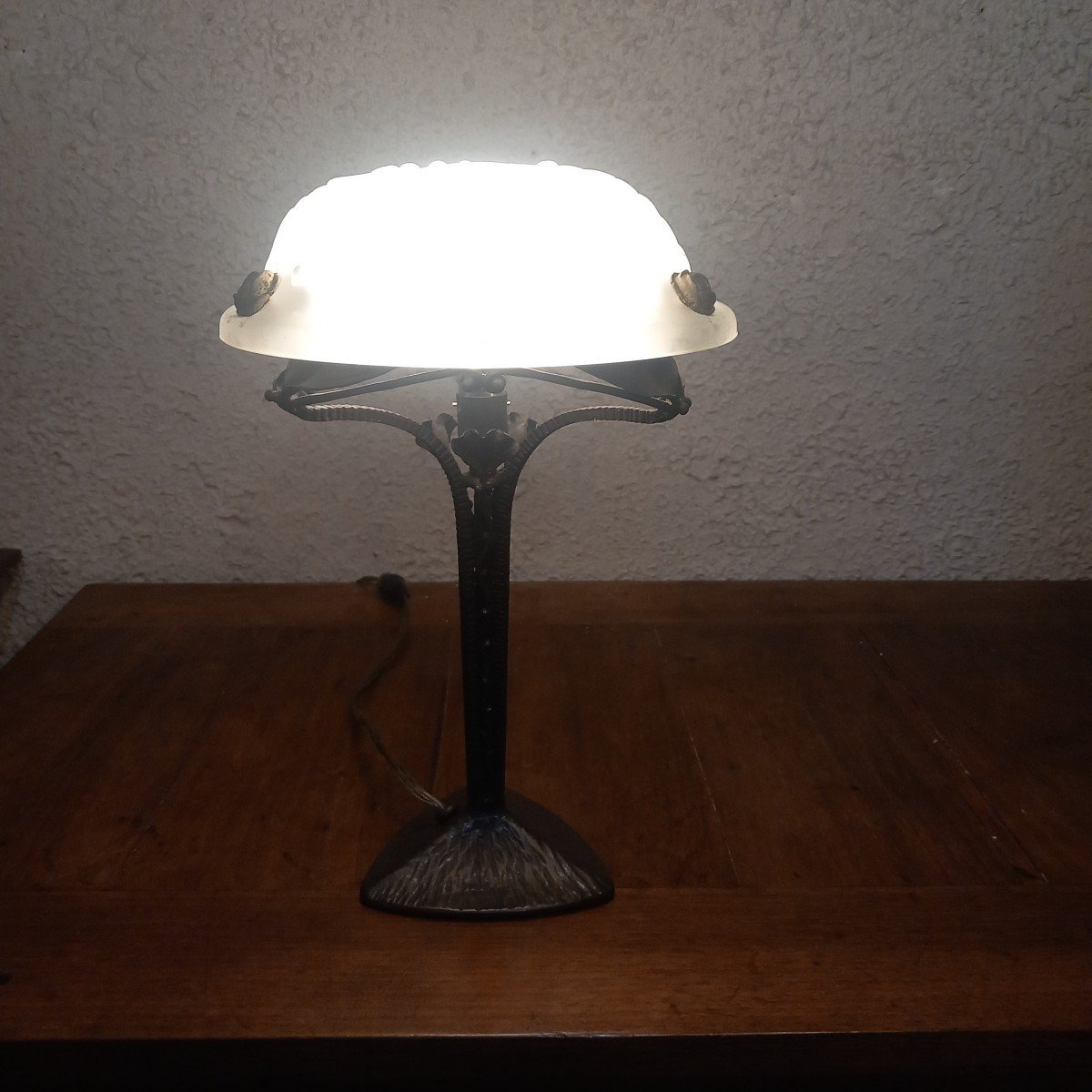 Wrought Iron And Glass Paste Lamp, Early 20th Century.-photo-2