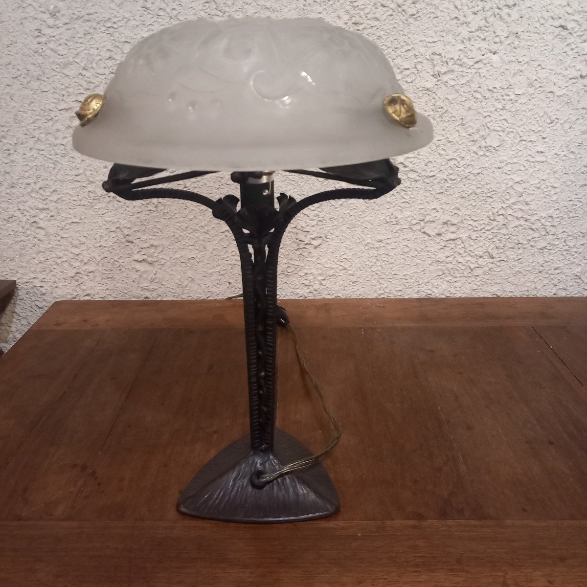 Wrought Iron And Glass Paste Lamp, Early 20th Century.-photo-4