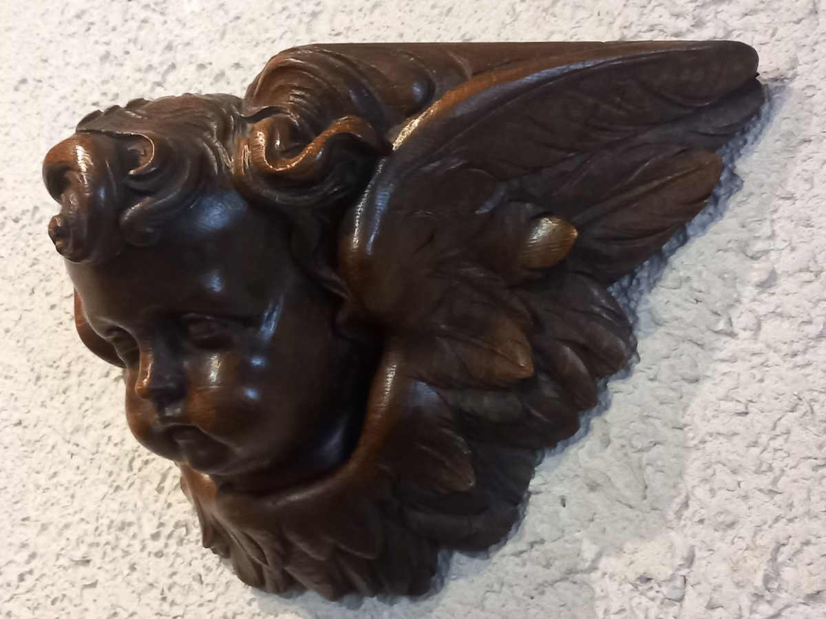 Tête d'angelot, bois sculpté et ciré, époque début 19ème.-photo-2