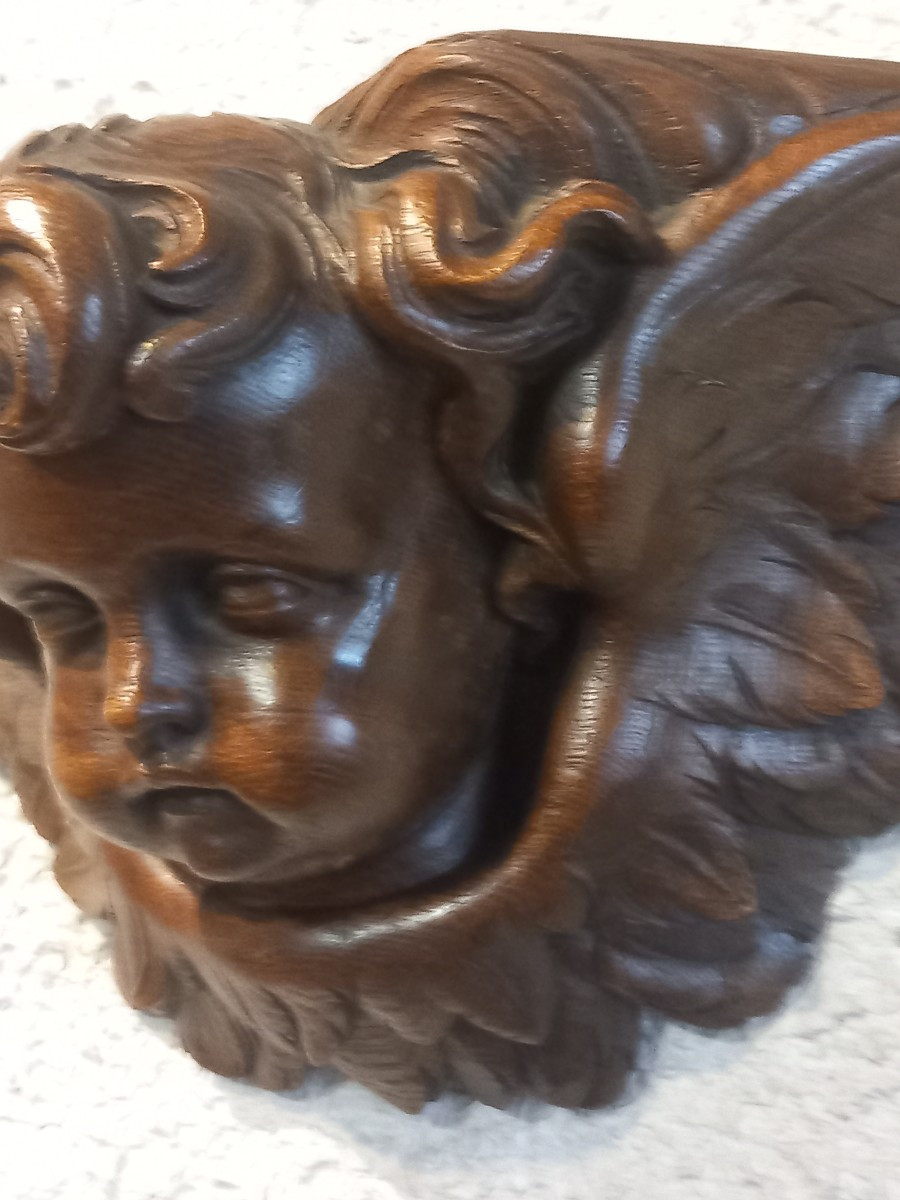 Tête d'angelot, bois sculpté et ciré, époque début 19ème.-photo-2