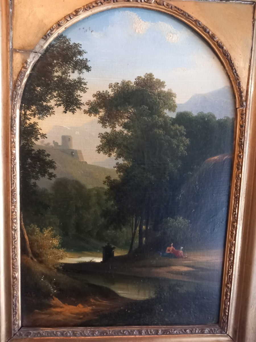 Petite huile sur toile "la Liseuse", école 'Italienne' milieu 19ème.-photo-2