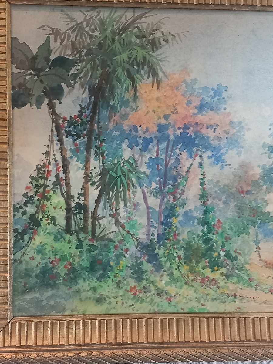 "oasis In Guinea", Watercolor Signed Henri Pontoy, Circa 1930-40.-photo-4