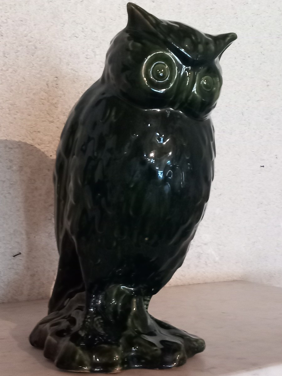 'grand Duke' Owl Sculpture In Glazed Sandstone, Mid-20th Century.