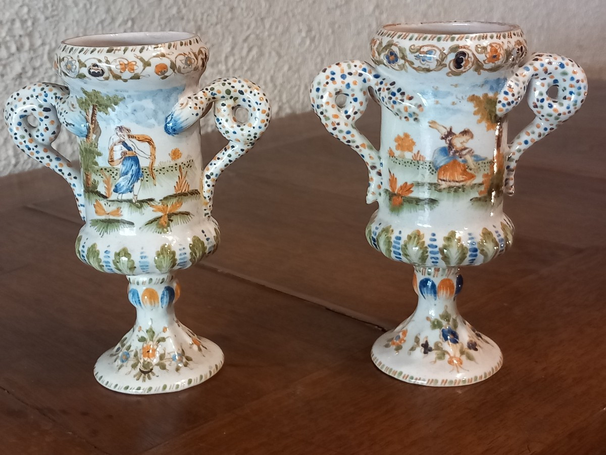 Pair Of Small Ointment Pots, 18th Century Moustiers Earthenware, Signed Pelloquin.