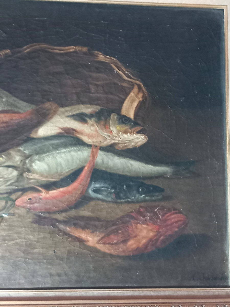 "Nature morte aux poissons", huile sur toile signée et datée  "A. Jourdan  1881"-photo-4