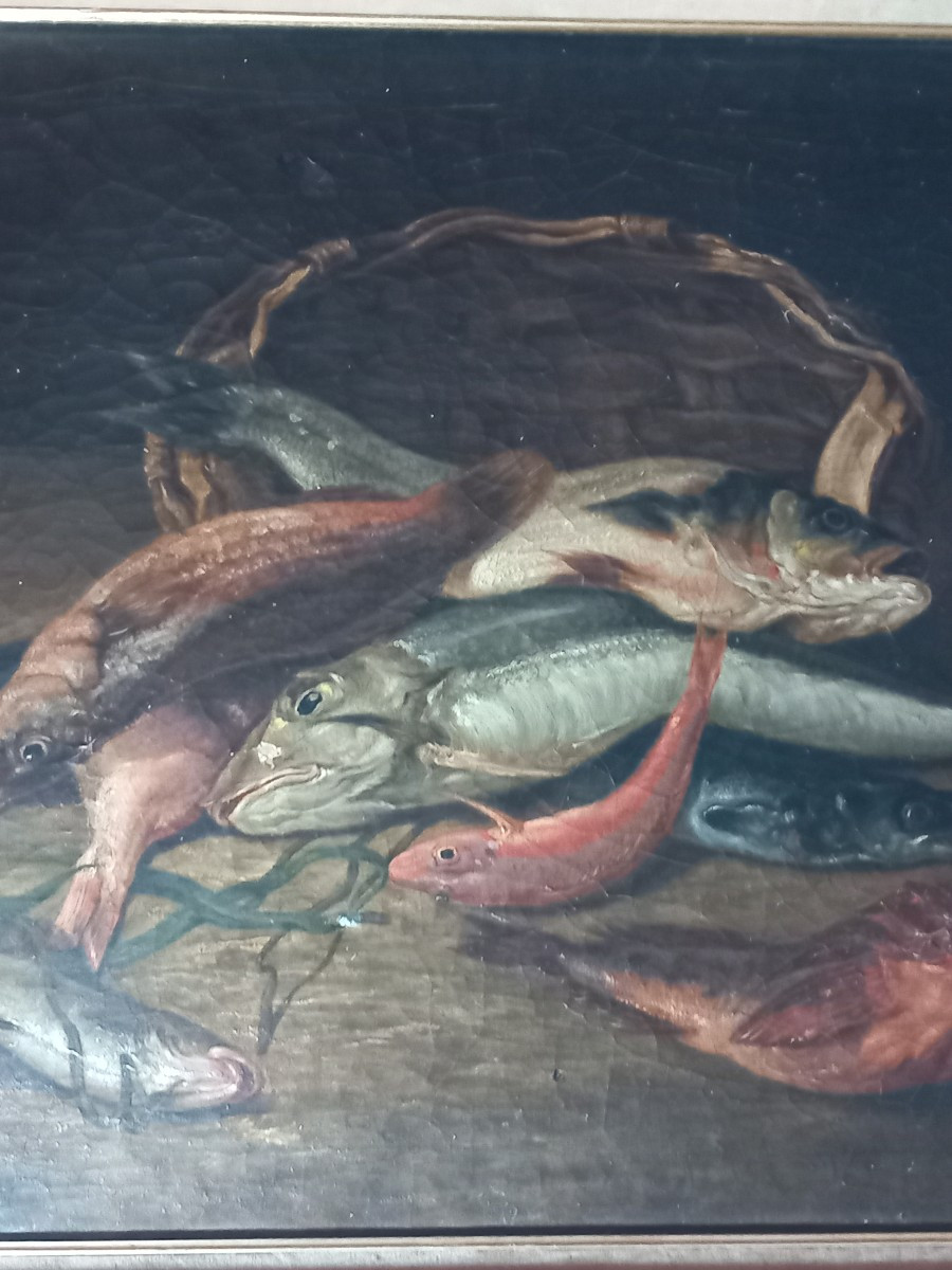 "Nature morte aux poissons", huile sur toile signée et datée  "A. Jourdan  1881"-photo-3