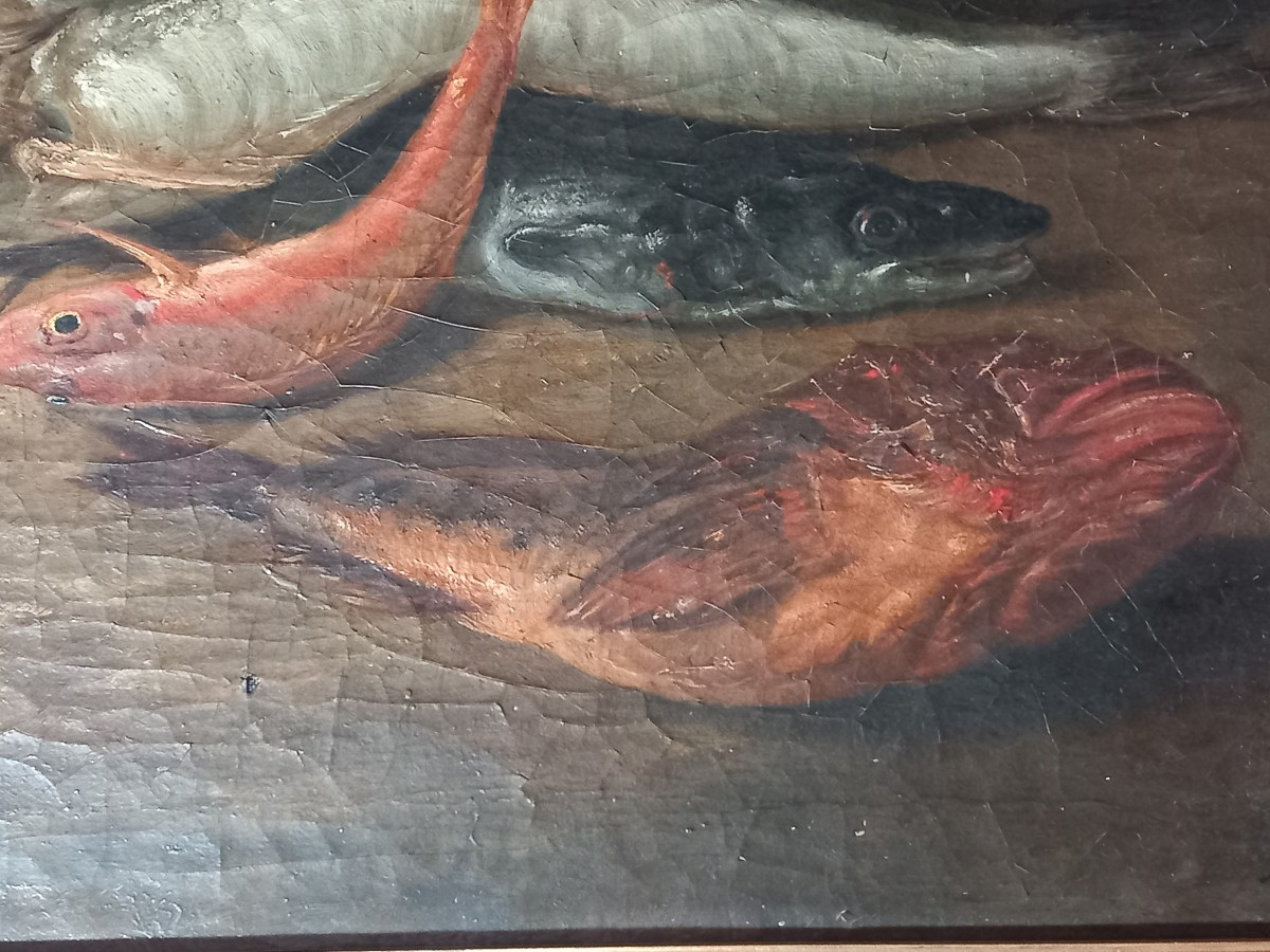 "Nature morte aux poissons", huile sur toile signée et datée  "A. Jourdan  1881"-photo-1