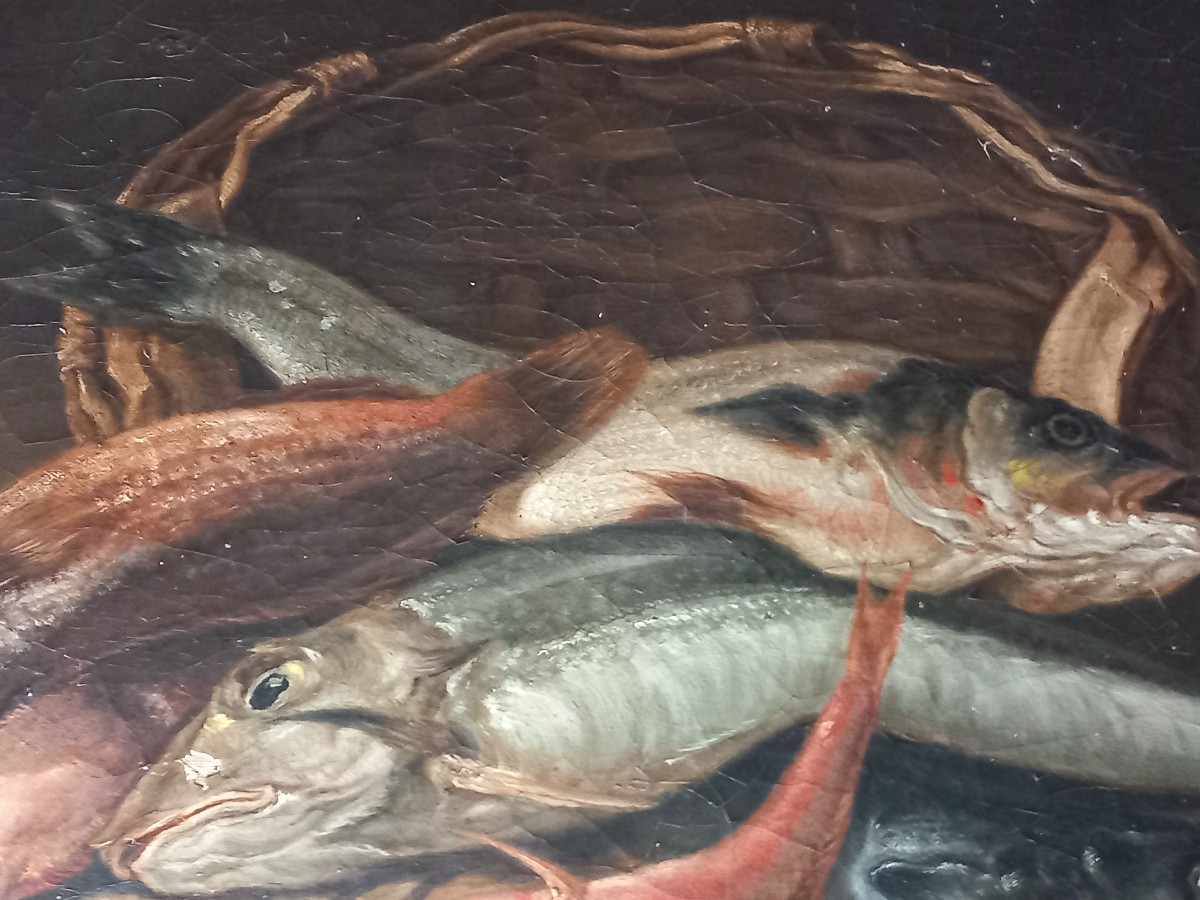 "Nature morte aux poissons", huile sur toile signée et datée  "A. Jourdan  1881"-photo-2