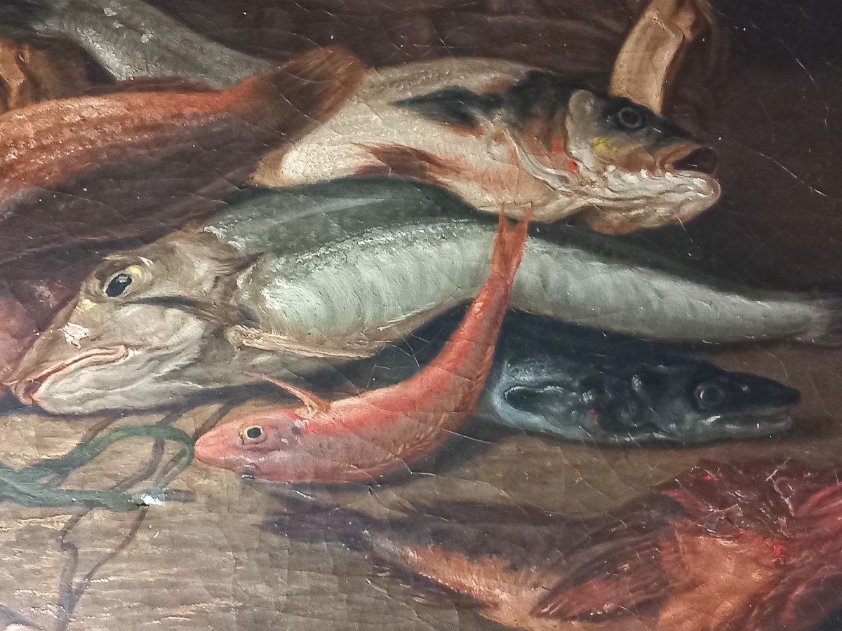 "Nature morte aux poissons", huile sur toile signée et datée  "A. Jourdan  1881"-photo-4