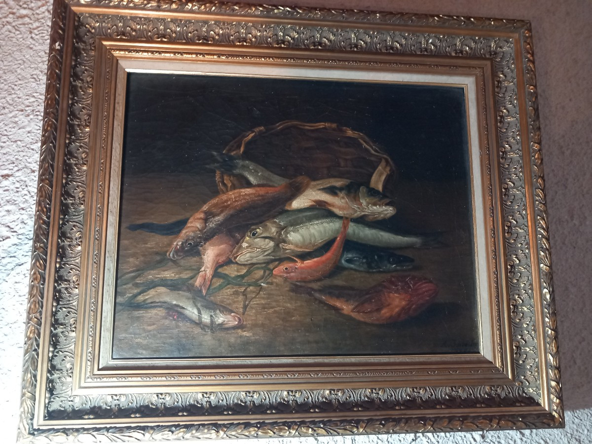 "Nature morte aux poissons", huile sur toile signée et datée  "A. Jourdan  1881"-photo-6