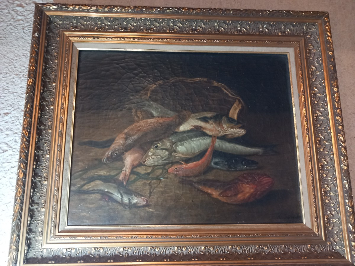 "Nature morte aux poissons", huile sur toile signée et datée  "A. Jourdan  1881"-photo-8