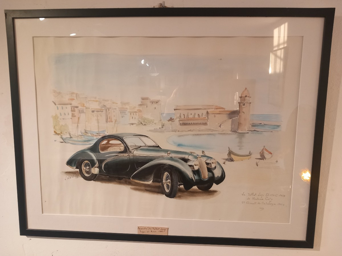Large Watercolor By Juan Reus (1912-2003): "la Talbot Lago De Mme Coty"
