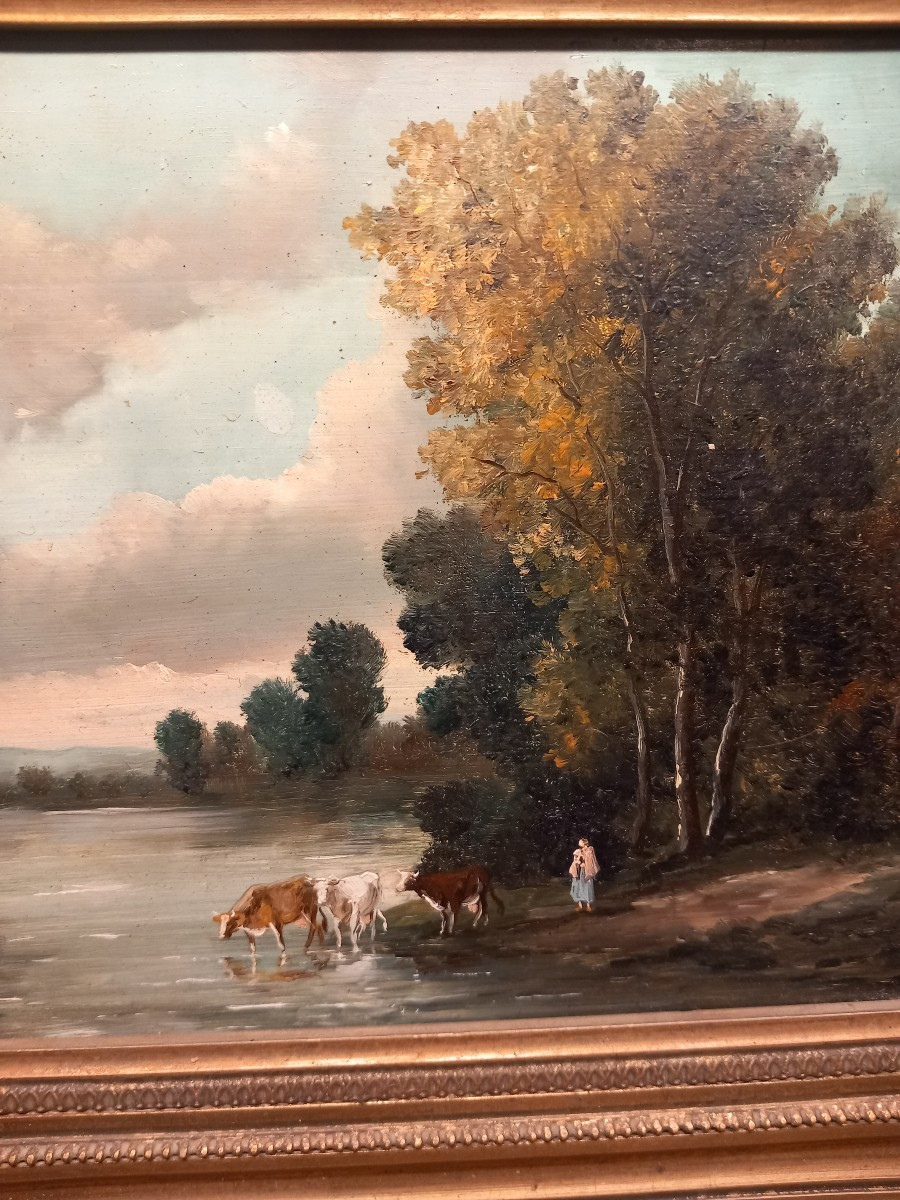 "La rivière", huile sur cuivre signée "Constant".-photo-3