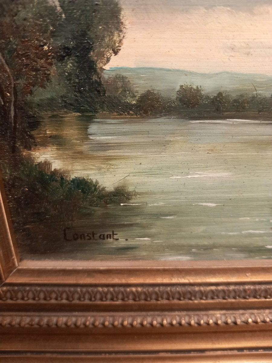 "La rivière", huile sur cuivre signée "Constant".-photo-2