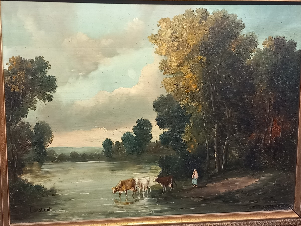 "La rivière", huile sur cuivre signée "Constant".