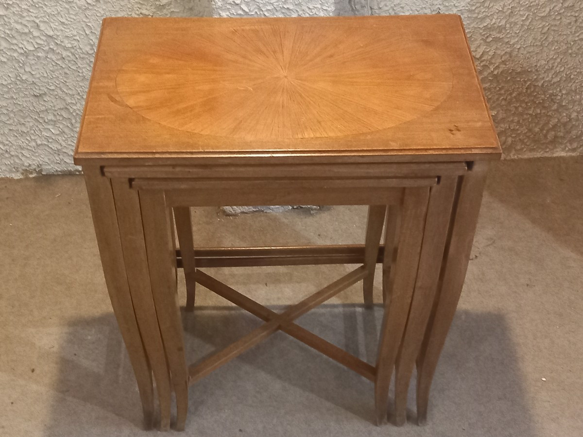 Set Of Three Nesting Tables, Art Nouveau, In The Style Of André Groult. Light Mahogany.-photo-1