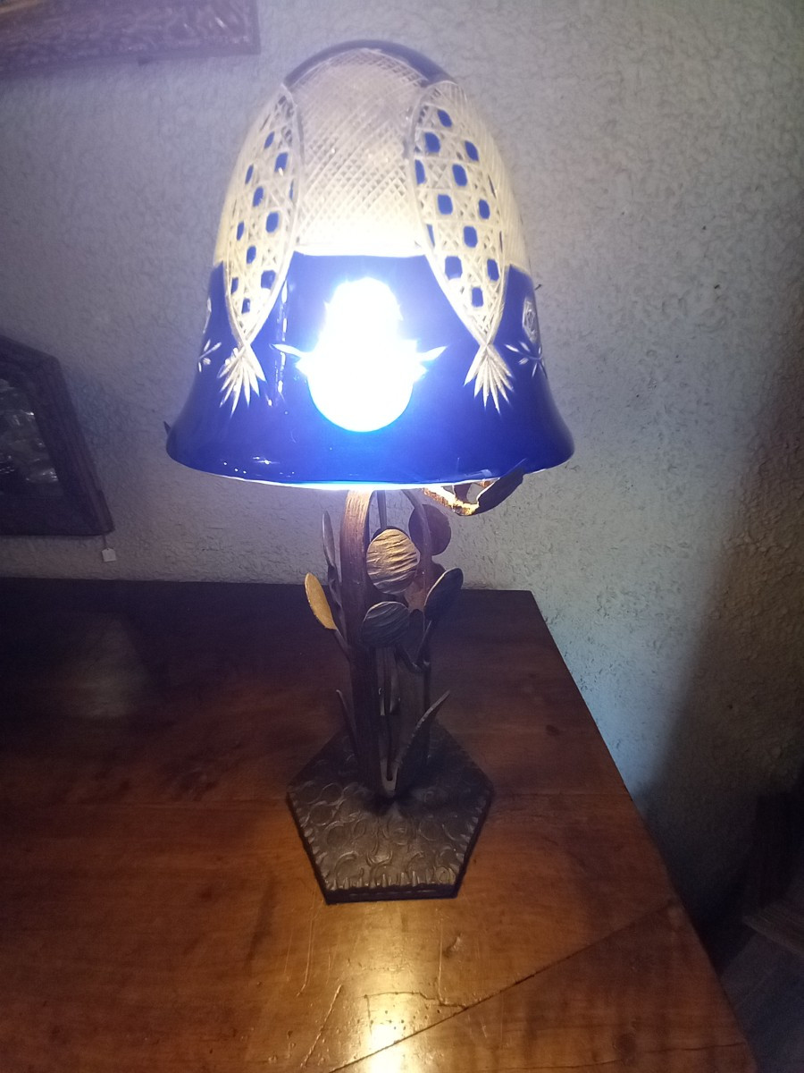 Art Nouveau Period Lamp, In The Style Of "pope's Money", Wrought Iron And Bohemian Crystal.-photo-2
