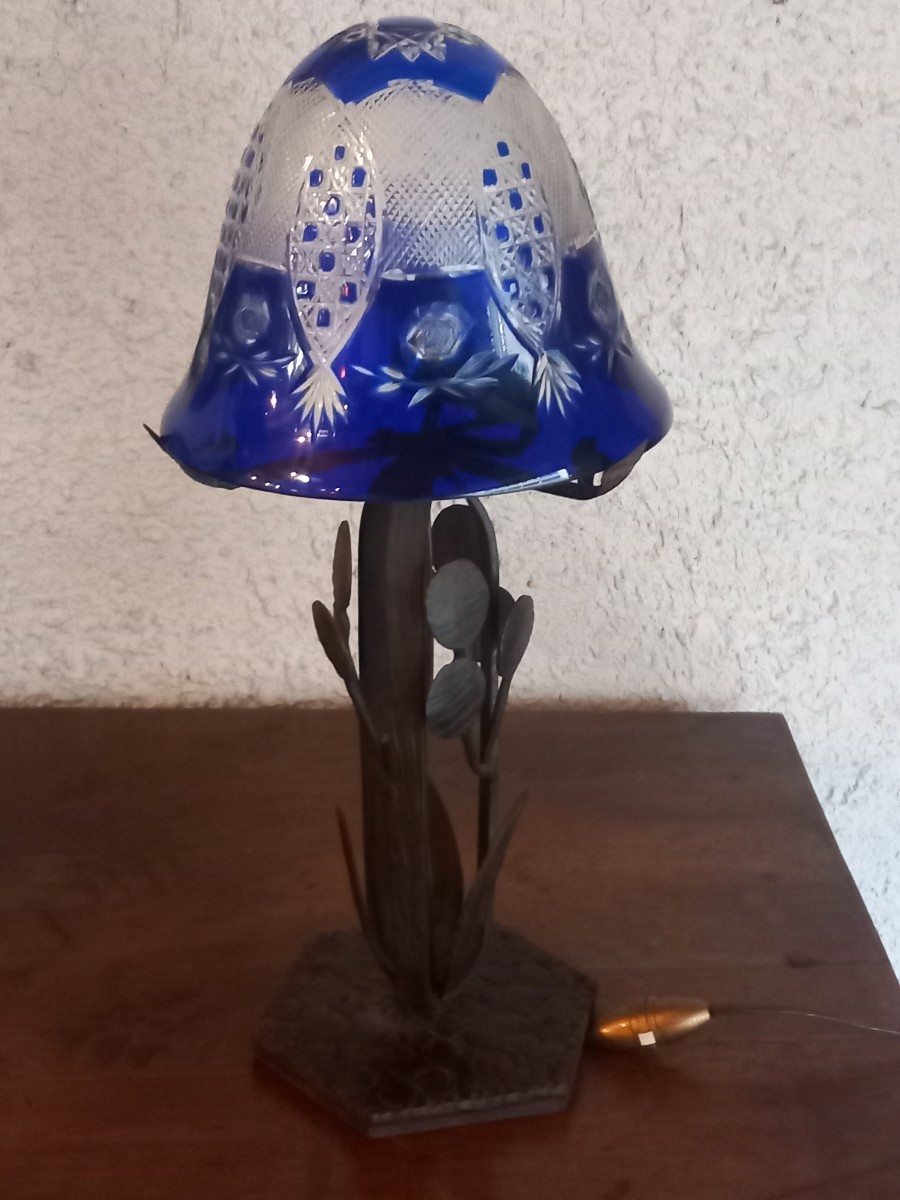 Art Nouveau Period Lamp, In The Style Of "pope's Money", Wrought Iron And Bohemian Crystal.-photo-3