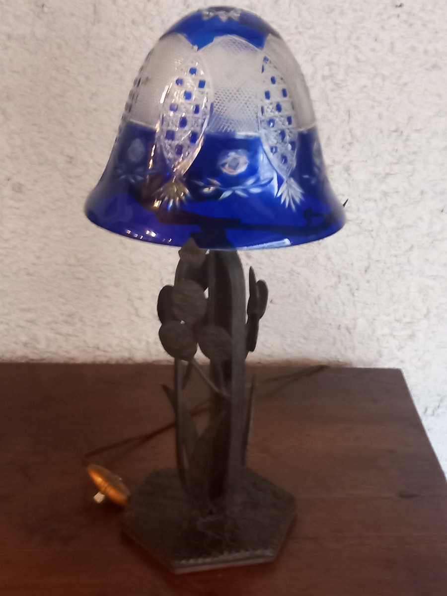 Art Nouveau Period Lamp, In The Style Of "pope's Money", Wrought Iron And Bohemian Crystal.-photo-1