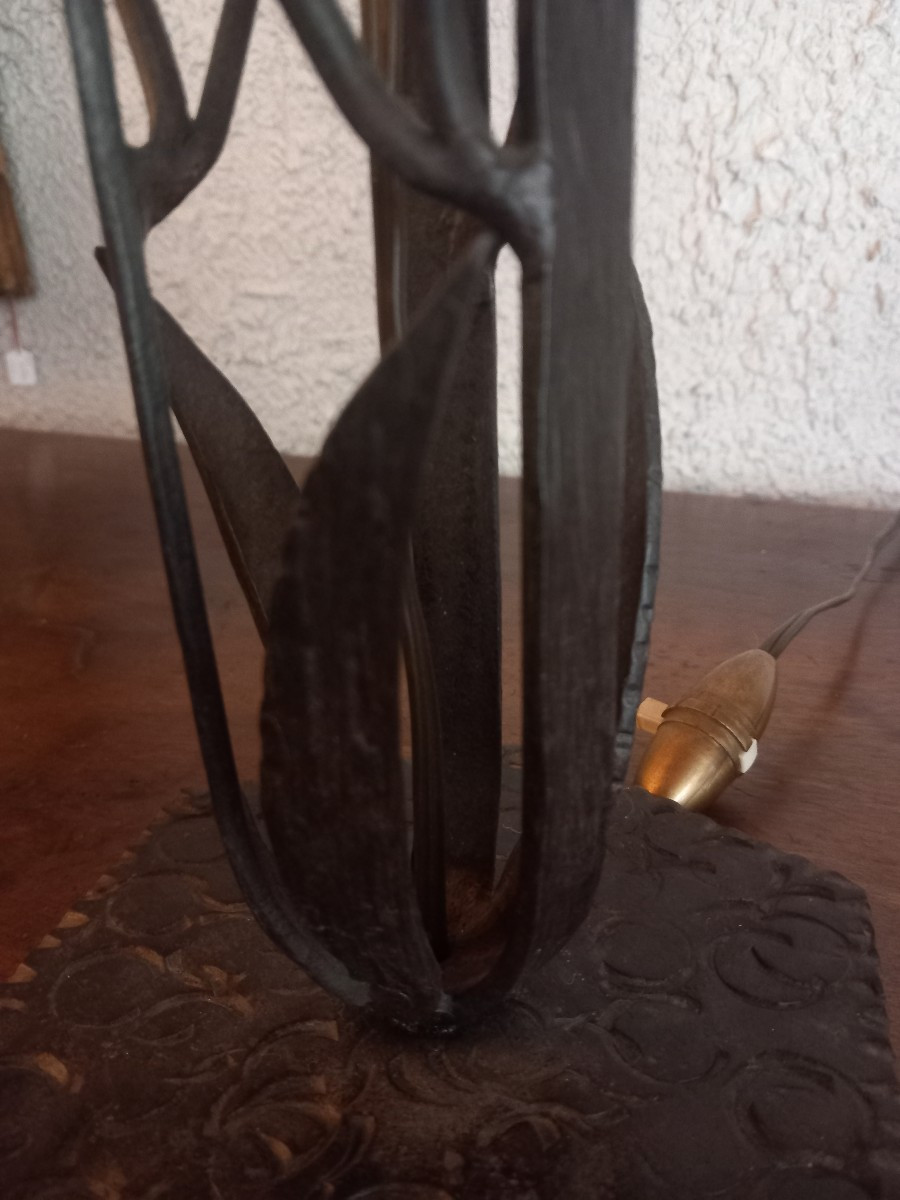 Art Nouveau Period Lamp, In The Style Of "pope's Money", Wrought Iron And Bohemian Crystal.-photo-4