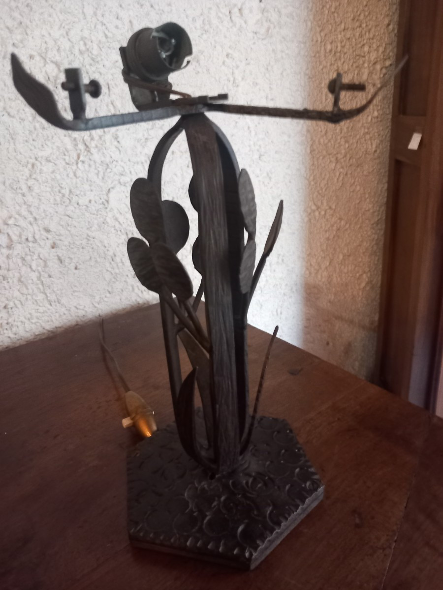 Art Nouveau Period Lamp, In The Style Of "pope's Money", Wrought Iron And Bohemian Crystal.-photo-5