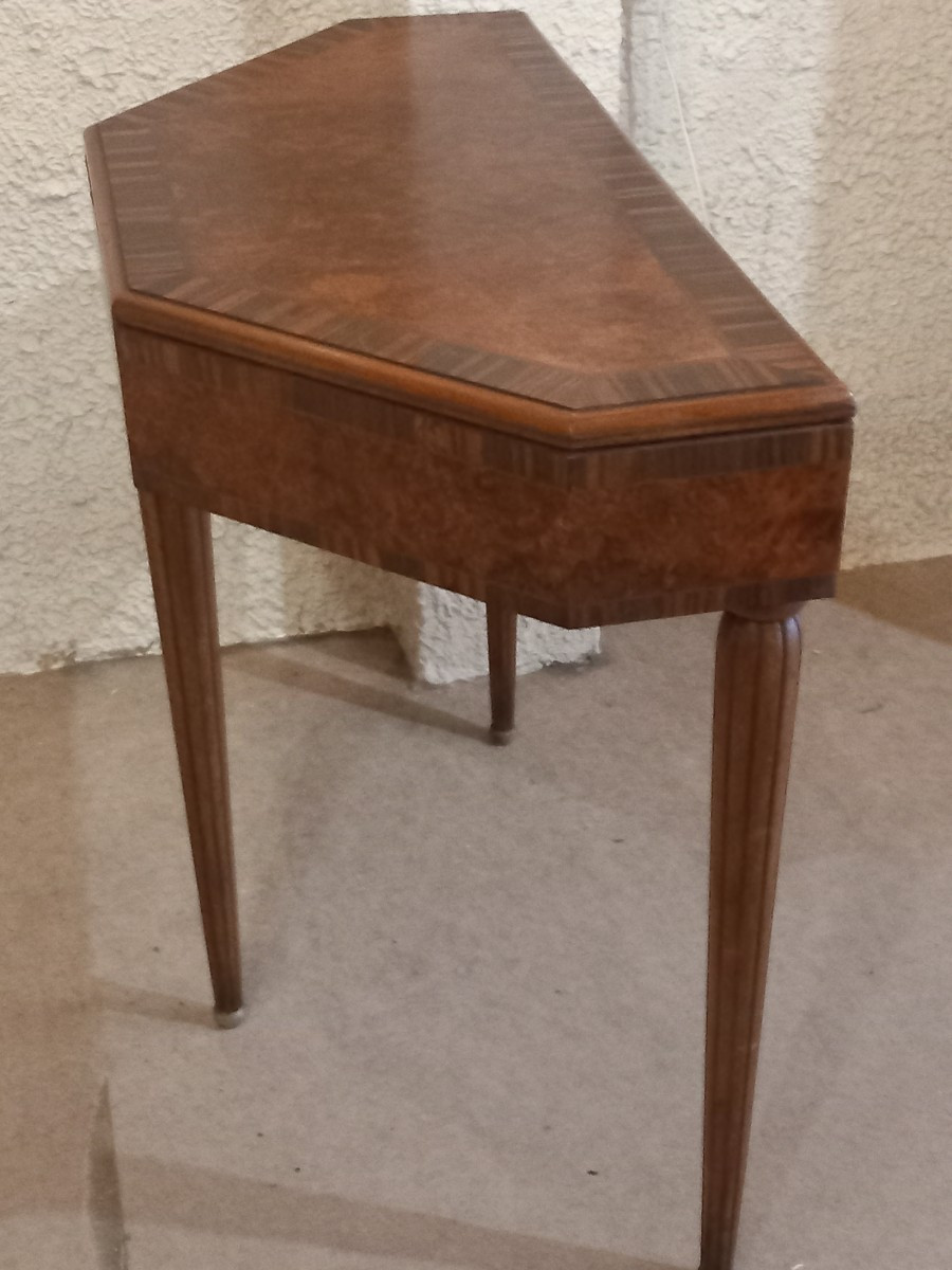 Console-table à jeux d'époque Art Déco, en palissandre de Rio, loupe d'amboine et acajou.-photo-2