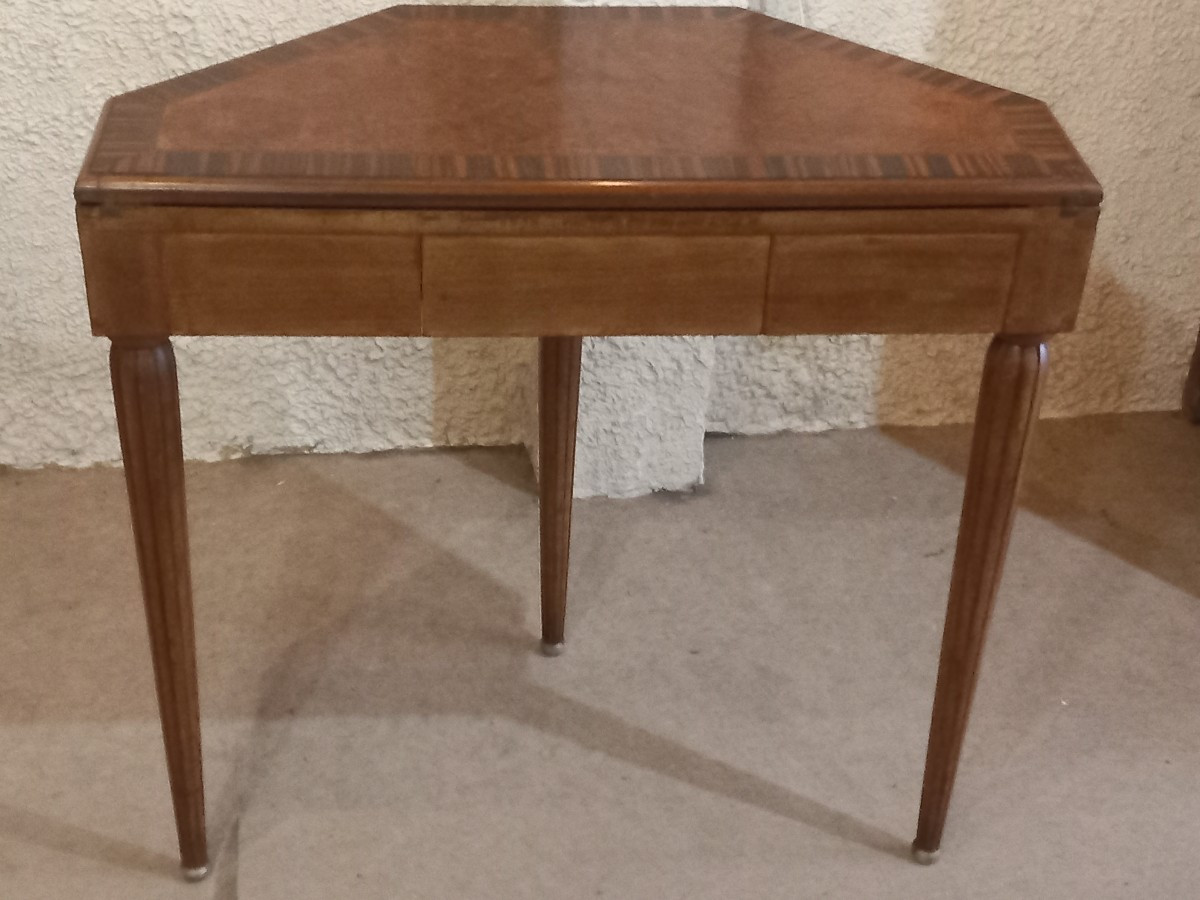 Console-table à jeux d'époque Art Déco, en palissandre de Rio, loupe d'amboine et acajou.-photo-3