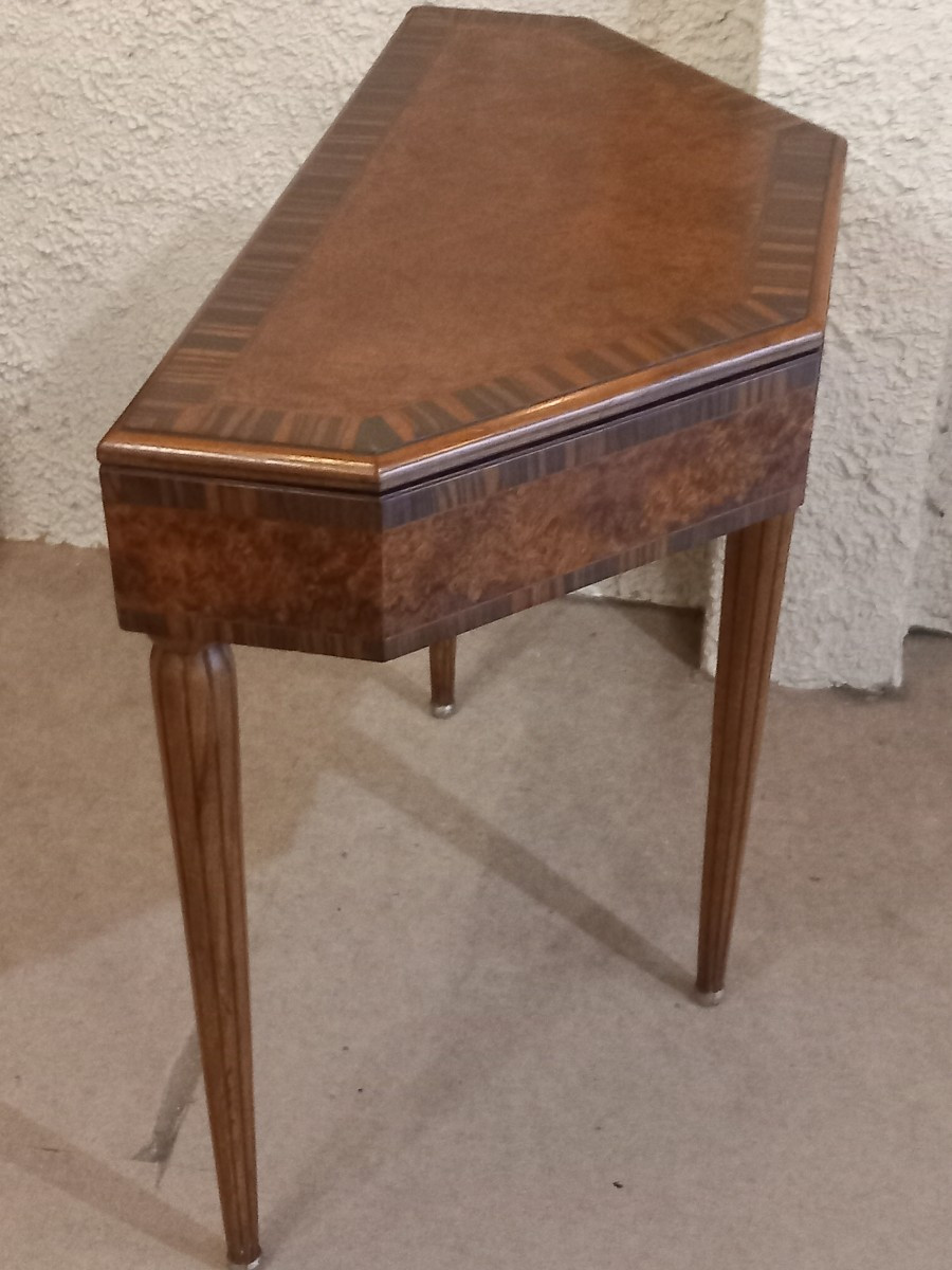 Console-table à jeux d'époque Art Déco, en palissandre de Rio, loupe d'amboine et acajou.-photo-4