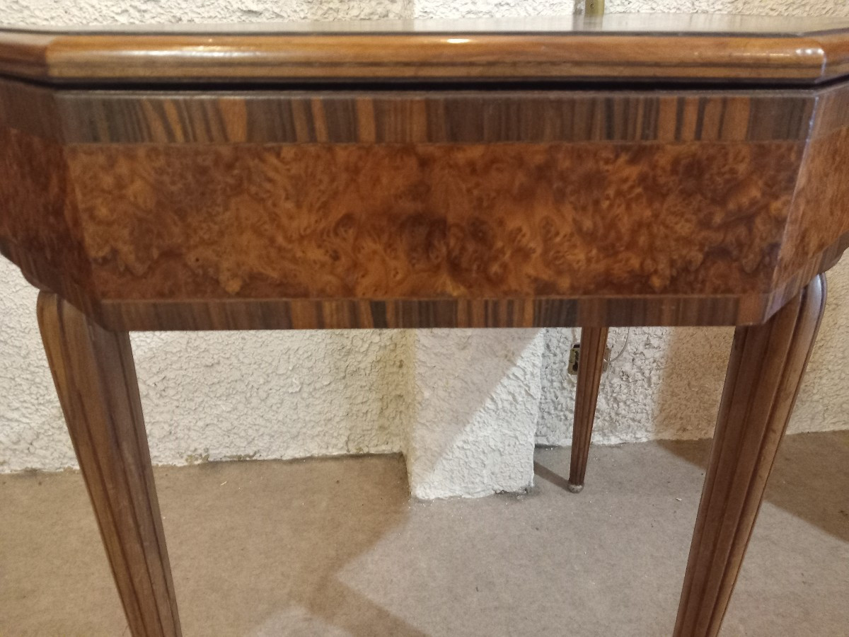 Console-table à jeux d'époque Art Déco, en palissandre de Rio, loupe d'amboine et acajou.-photo-2