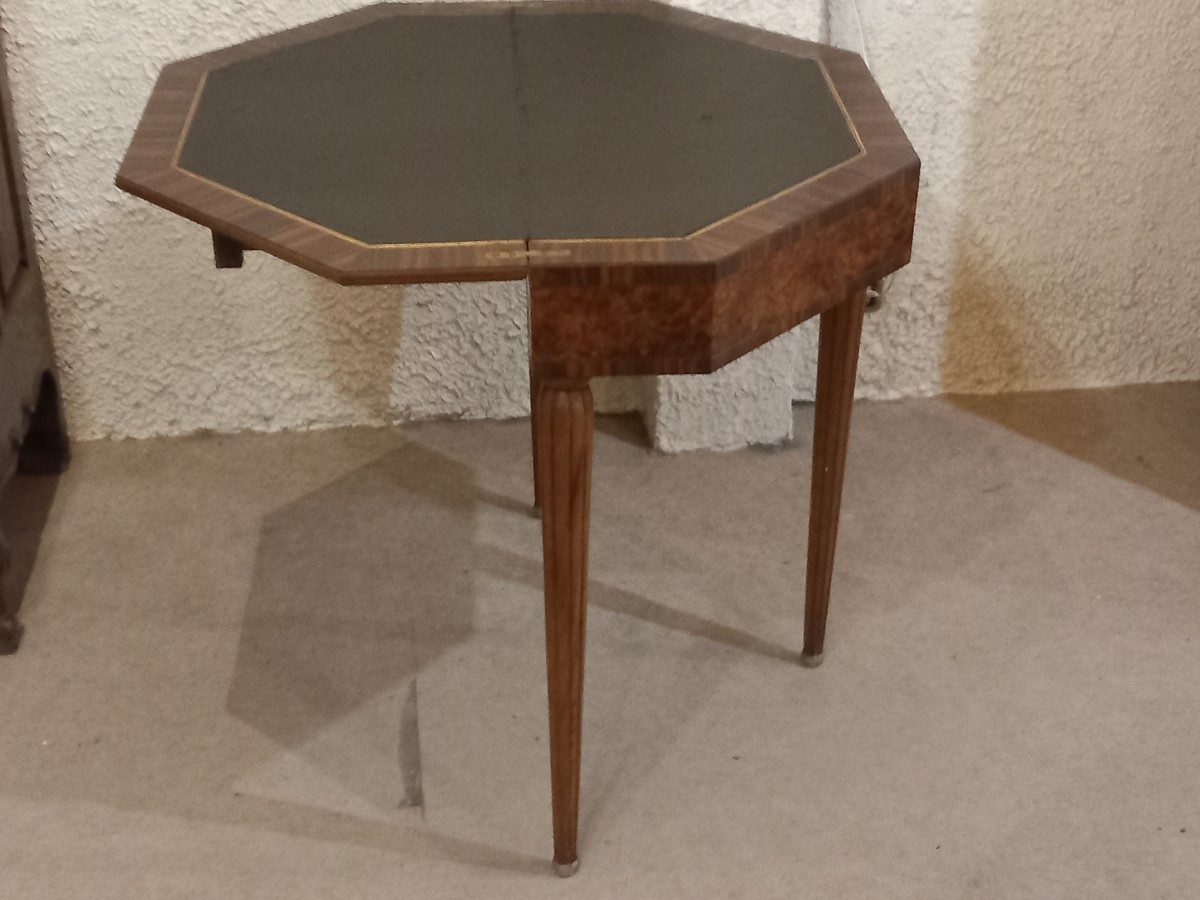 Console-table à jeux d'époque Art Déco, en palissandre de Rio, loupe d'amboine et acajou.-photo-7