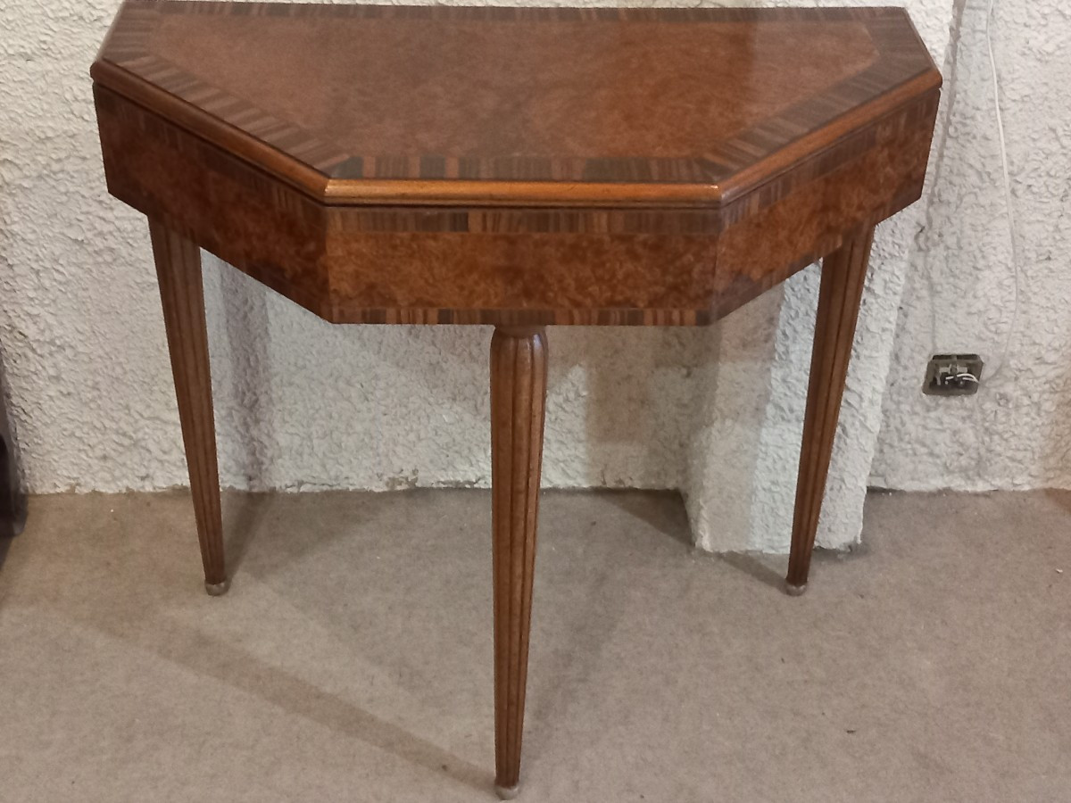 Console-table à jeux d'époque Art Déco, en palissandre de Rio, loupe d'amboine et acajou.