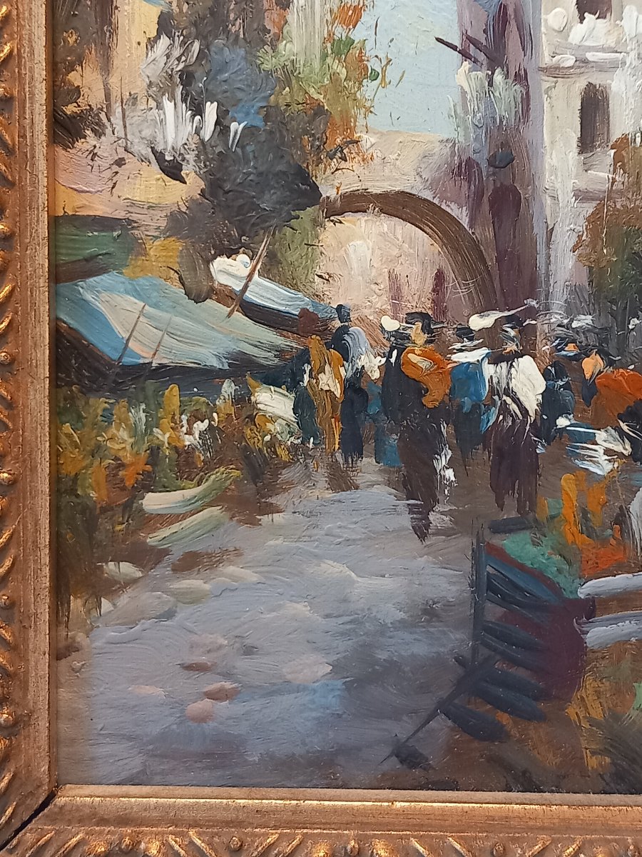  "Rue animée à Naples ", huile sur panneau, attribuée à Élettra De Angélis (1906-1999)-photo-3