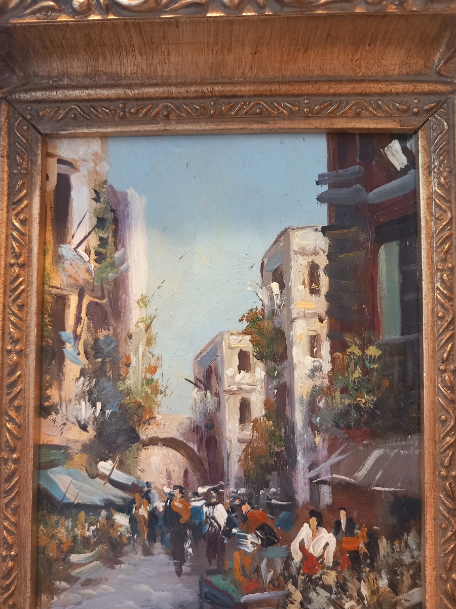  "Rue animée à Naples ", huile sur panneau, attribuée à Élettra De Angélis (1906-1999)-photo-4